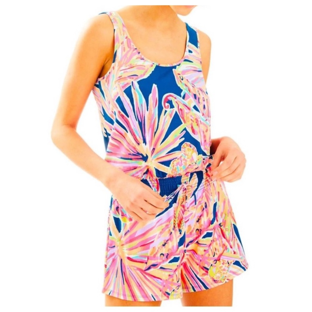 Lilly Pulitzer Tala romper- Indigo Sunseekers Blue/pink multi Tropical Jumpsuit.